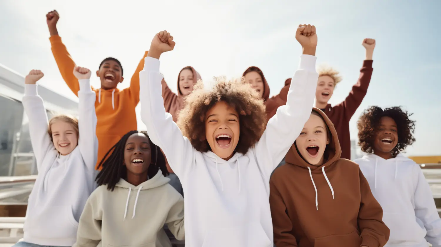 Gruppe von Kindern, die Kapuzenpullis und Sweatshirts tragen, lächeln in die Kamera und heben die Hände in Erfolgsgeste, Modell von Teenagerkleidung, Kindermode