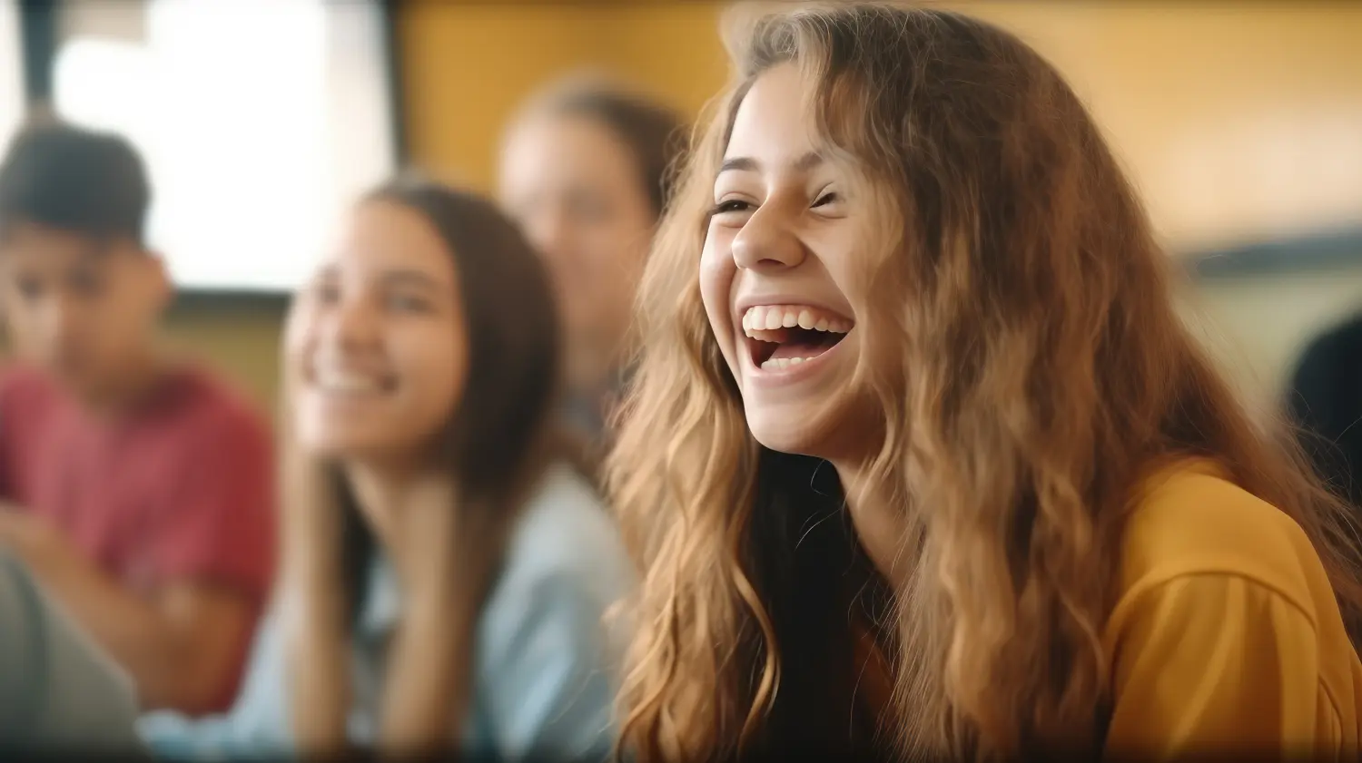 Glückliches europäisches oder amerikanisches Teenagermädchen lacht mit Freunden in der Schule.