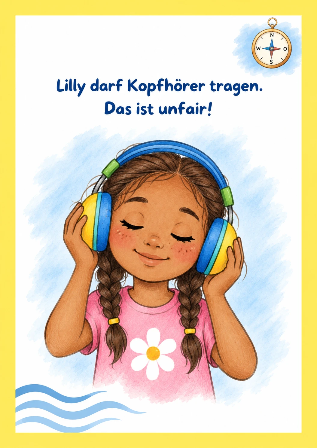 Aufdeckkarte „Lilly darf Kopfhörer tragen. Das ist unfair!“: Ein Mädchen mit Zöpfen trägt lächelnd blau-gelbe Kopfhörer, oben rechts ein Kompass, unten links Wellen.